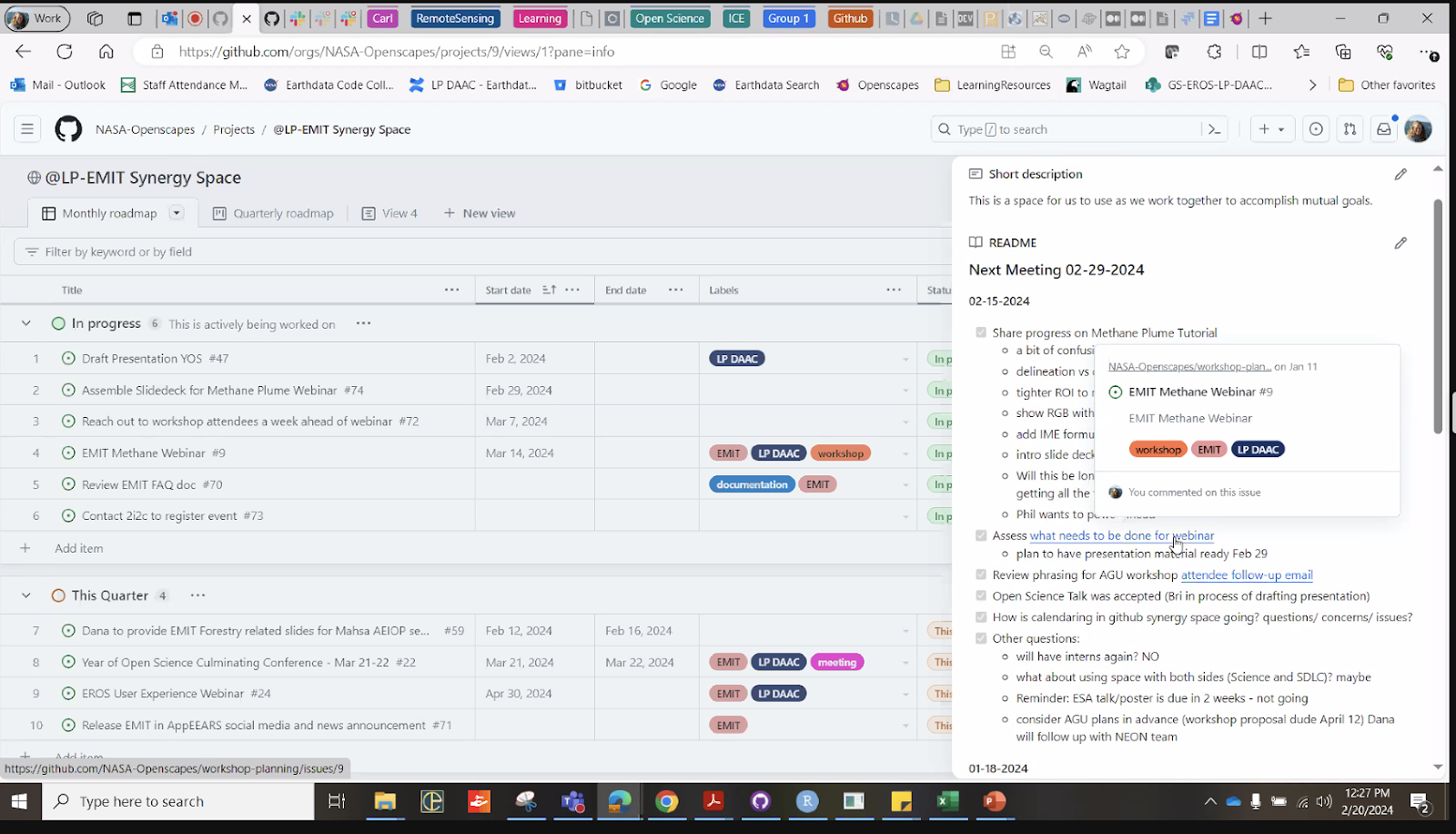 screenshot of a github project page table view with rows for issues and showing columns for start date, labels. Right side shows a readme with a checklist